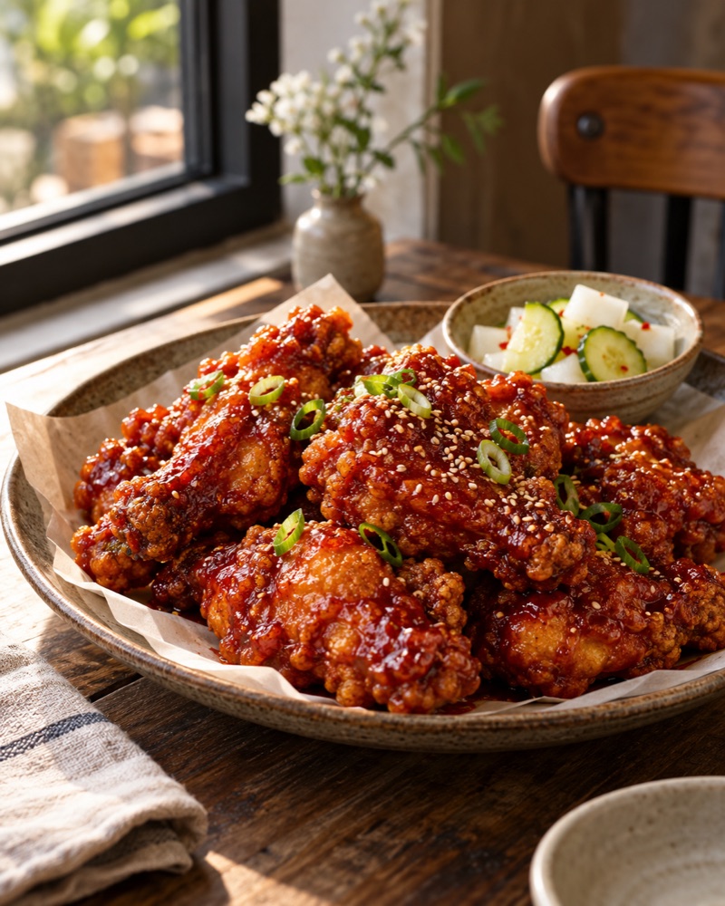 양념 치킨과 반찬 연출 이미지