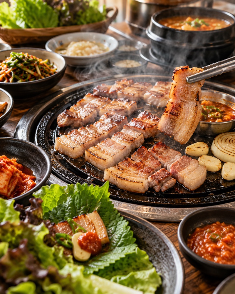 삼겹살을 굽는 식탁 연출 이미지