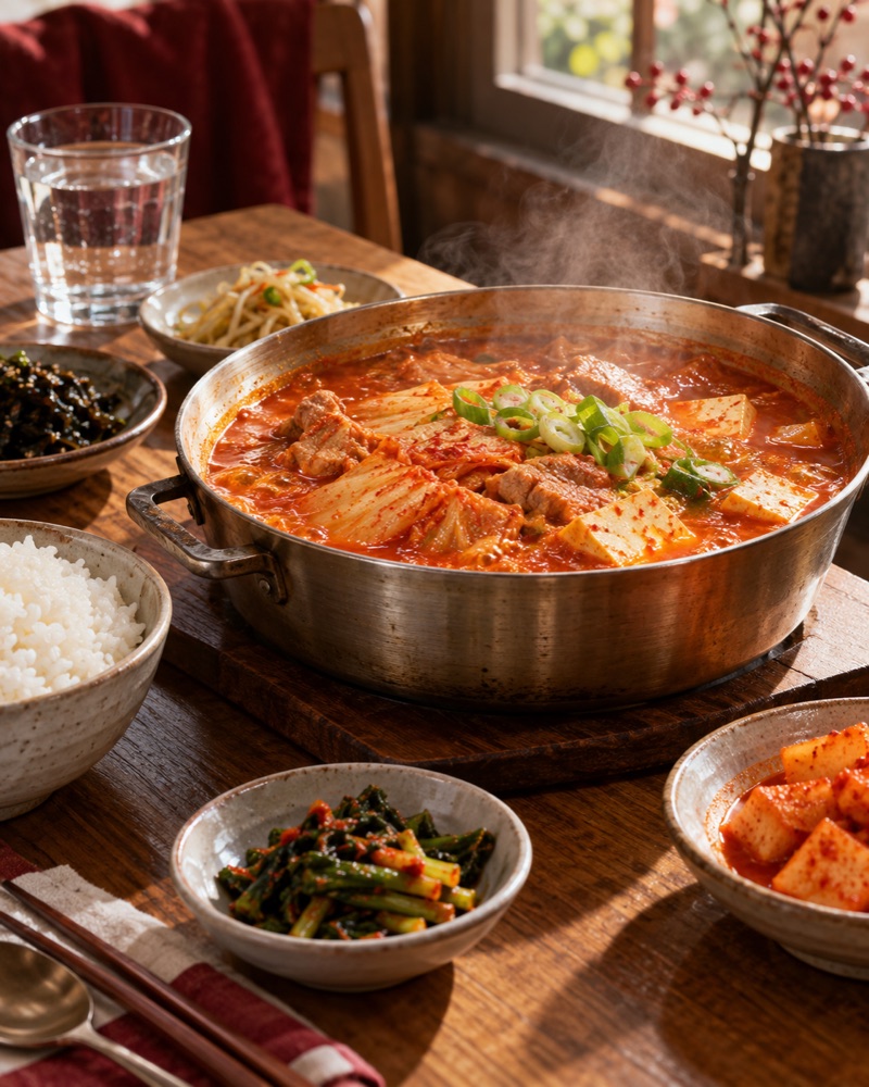 김치찌개와 반찬을 차린 식탁 연출 이미지