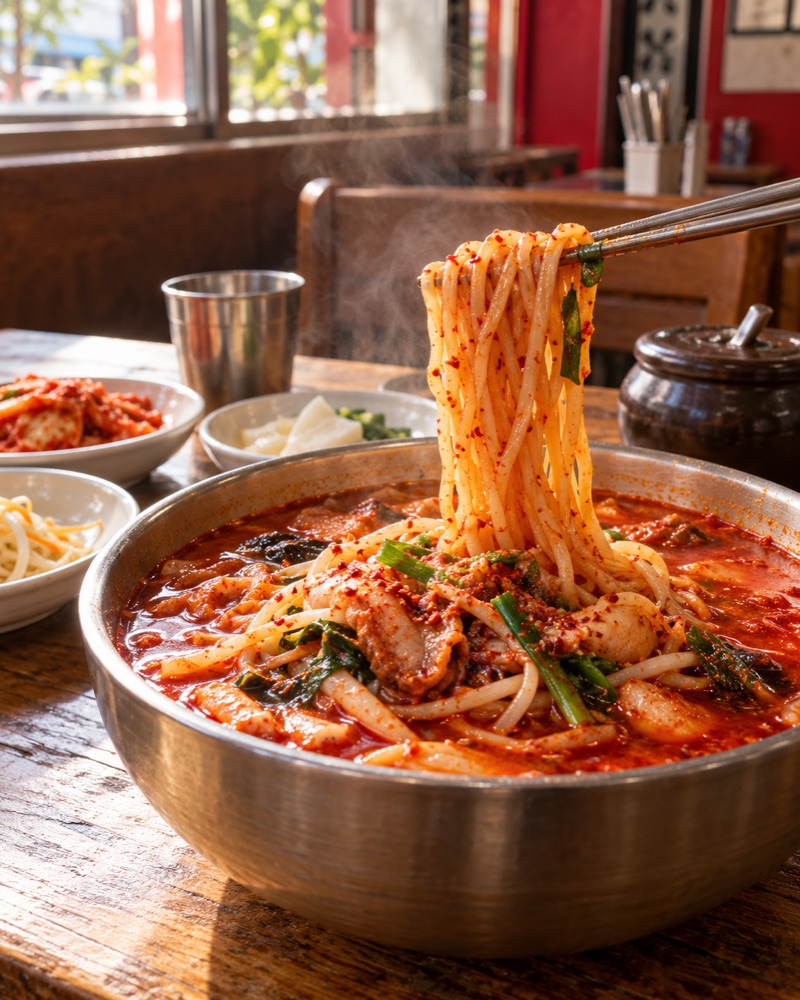 매운 국수와 식당 공간 연출 이미지